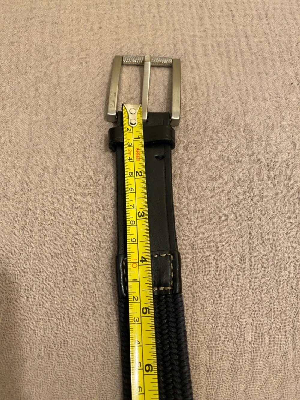 TUMI Men's Black Woven Elastic Belt with Leather Trim. 120